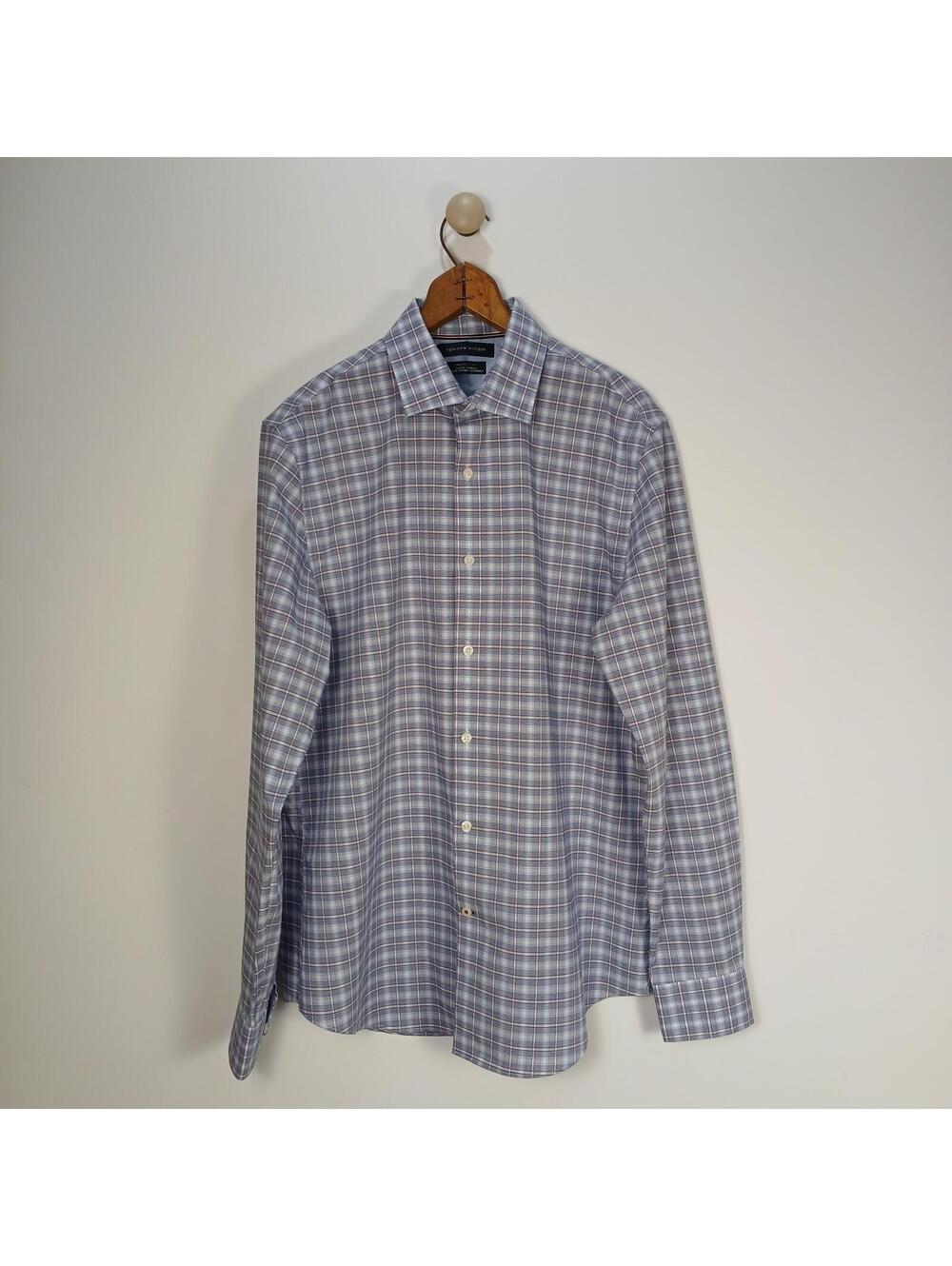 Tommy Hilfiger Mens Shirt Size Large TH Flex Supima Slim Fit 34/35 Stretch Blue
